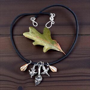 Silver Acorn Nature Pendant & VNTG Gold Glass Leaf Artisan Leather Cord Necklace